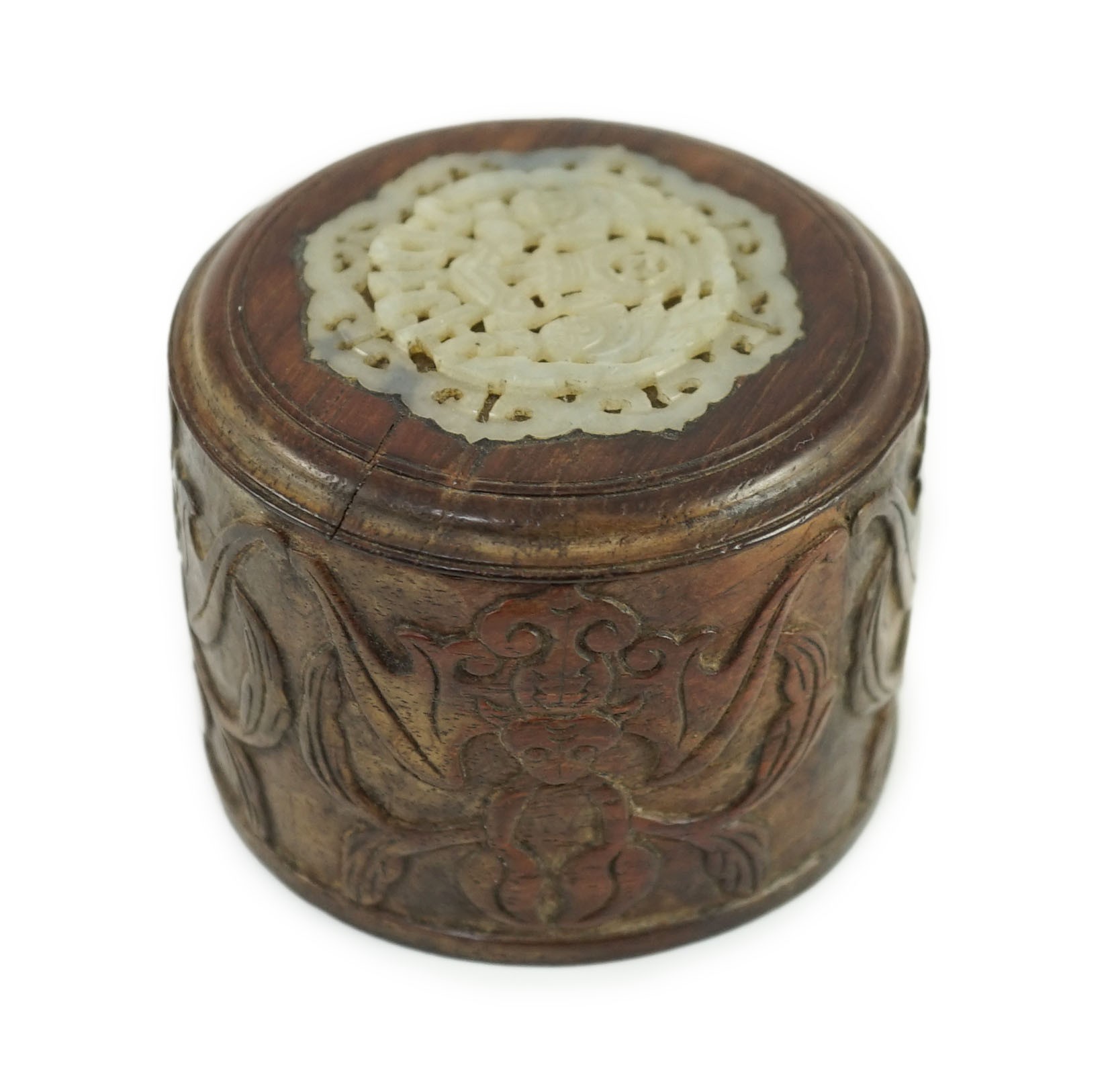 A Chinese hongmu or huanghuali jade mounted cover, 18th/19th century 6cm high, 7.3cm diameter